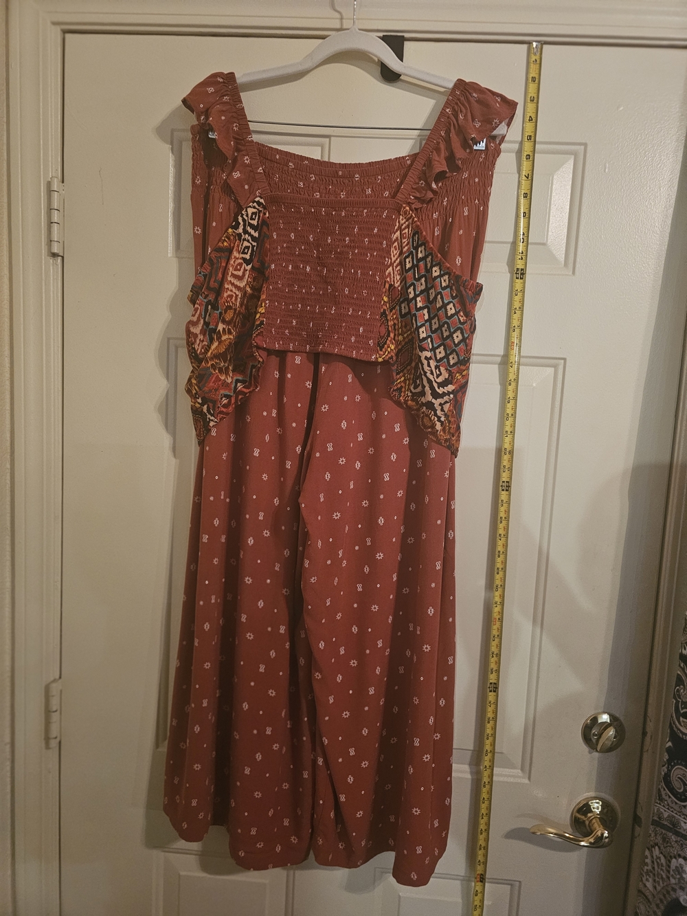 Rust Printed Wide-Leg Jumpsuit with Ruffle Straps - Picture 7 of 7